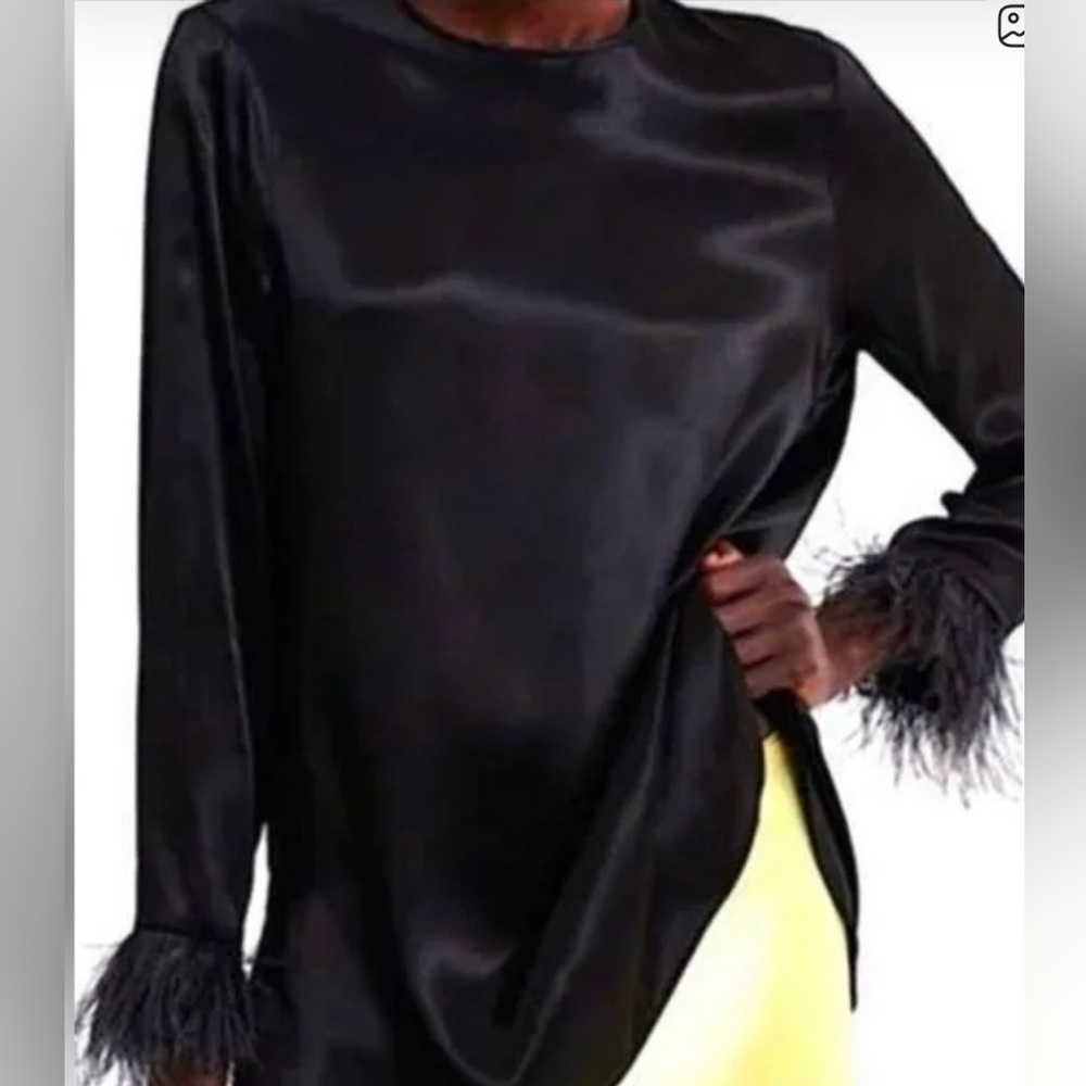 Black Satin Blouse with Feather Cuffs
